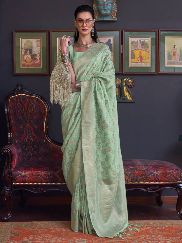 Mint Green Banarasi Silk Blend Saree with Bidri Work & Zari Buta – Gold Accents & Tassel Detailing