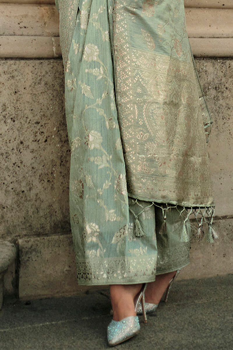 Mint Green Elegant Banarasi Silk Saree with Zari Weaving Blouse Pieces