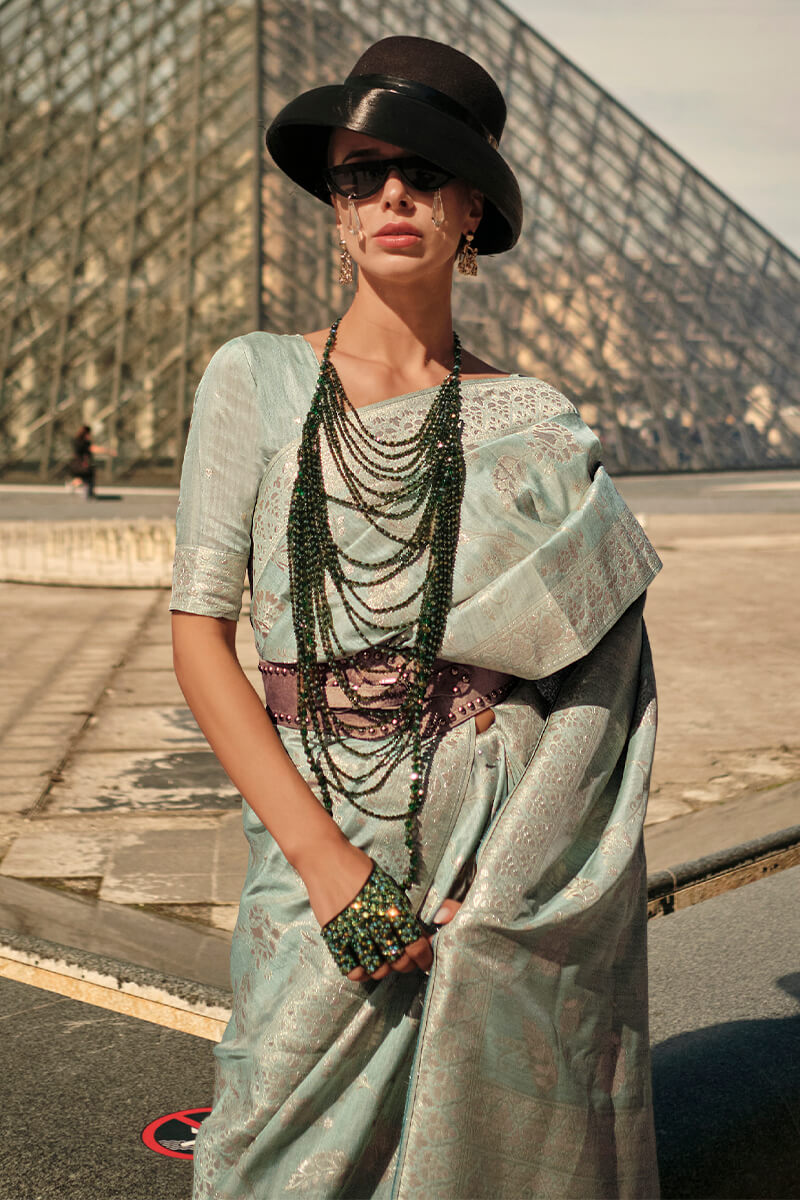Mint Green Elegant Banarasi Silk Saree with Zari Weaving Blouse Pieces