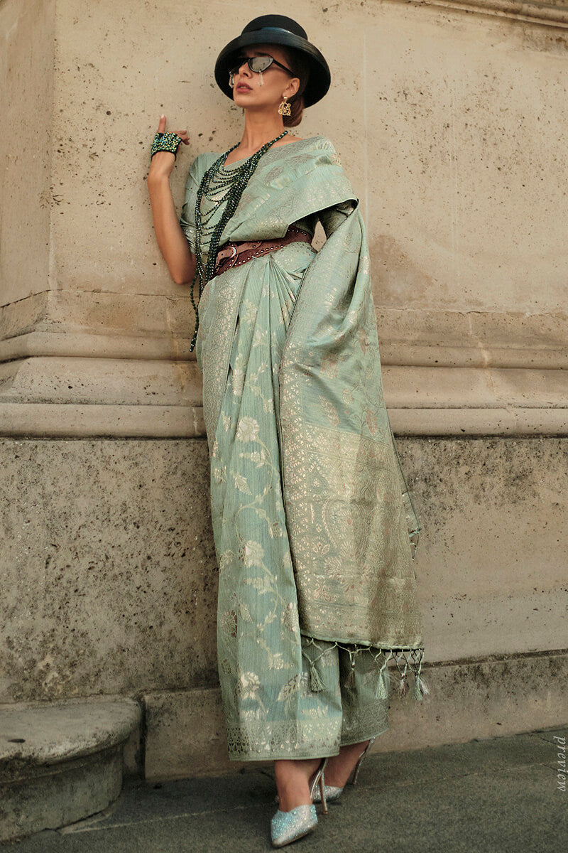 Mint Green Elegant Banarasi Silk Saree with Zari Weaving Blouse Pieces