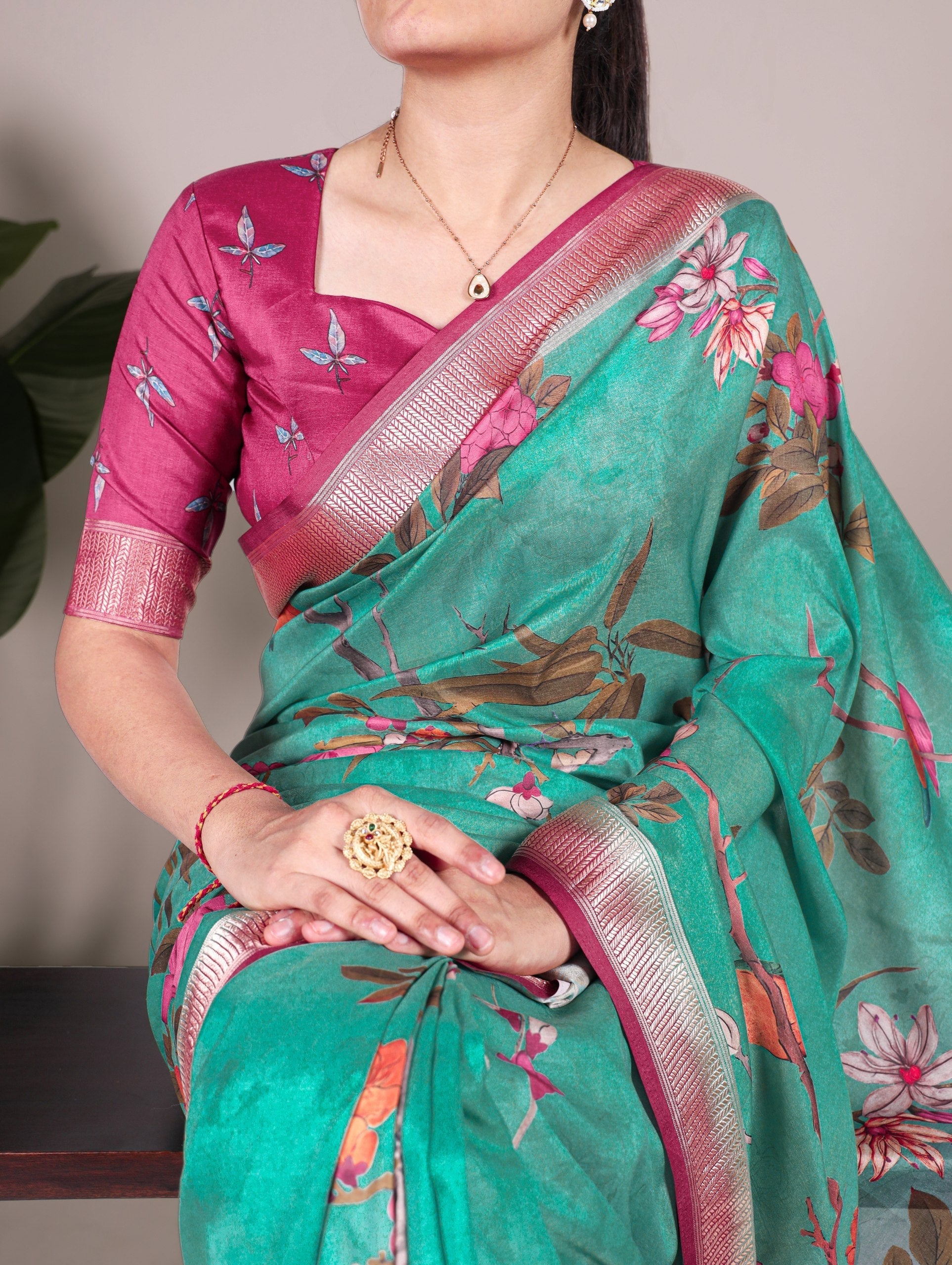 Mint Green Elegant Floral Printed Tussar Silk Saree with Viscose Border