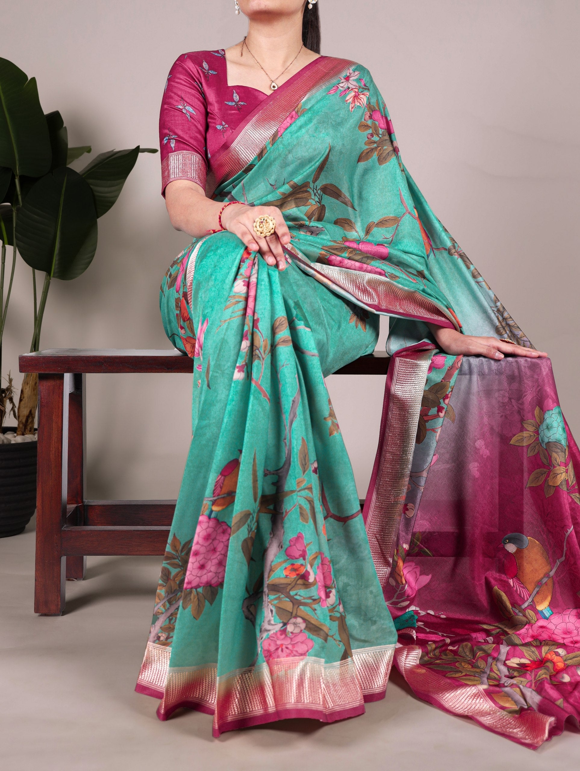 Mint Green Elegant Floral Printed Tussar Silk Saree with Viscose Border
