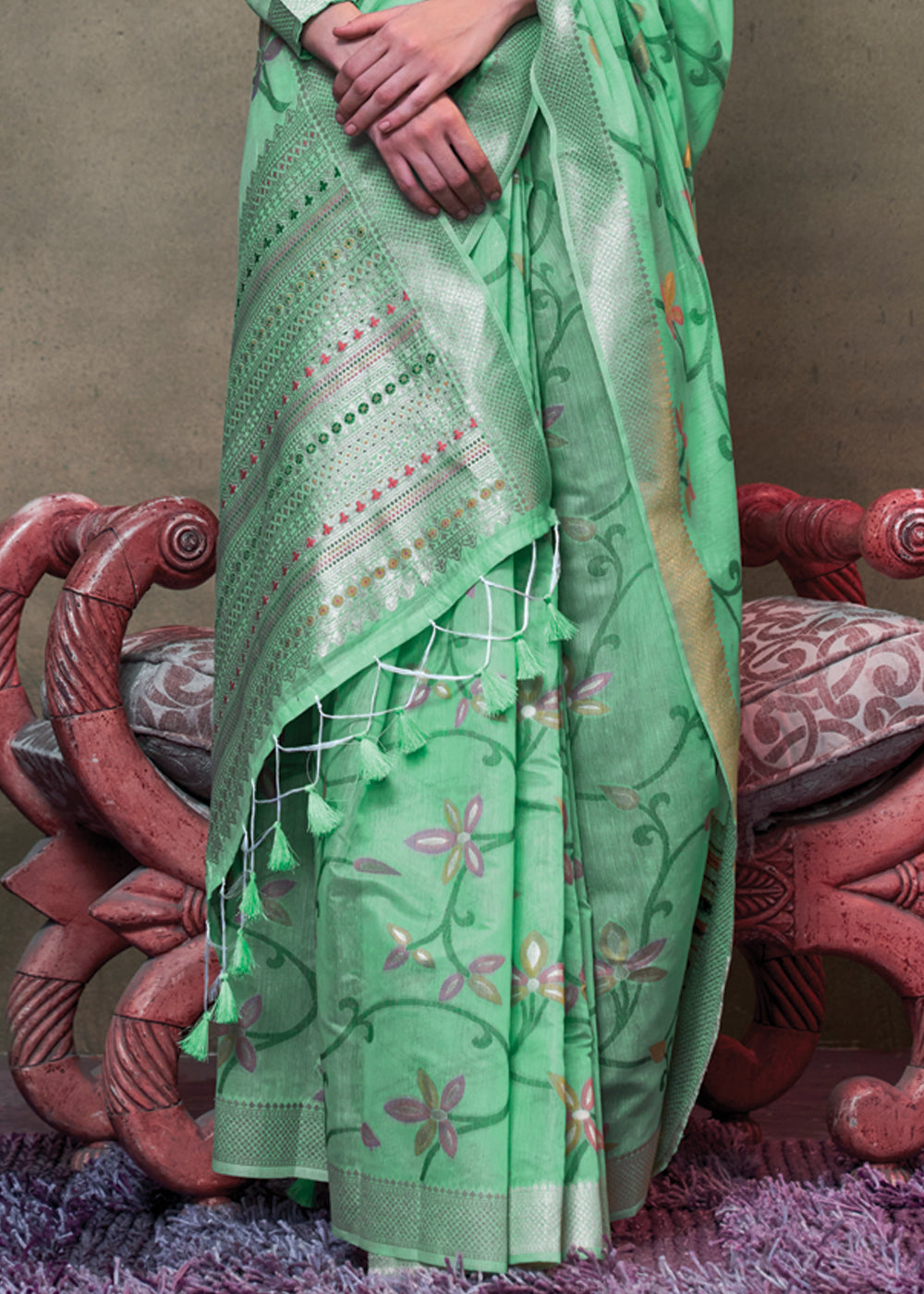 Mint Green Elegant Jamdani Modal Cotton Silk Saree – Timeless Weave with Intricate Motifs
