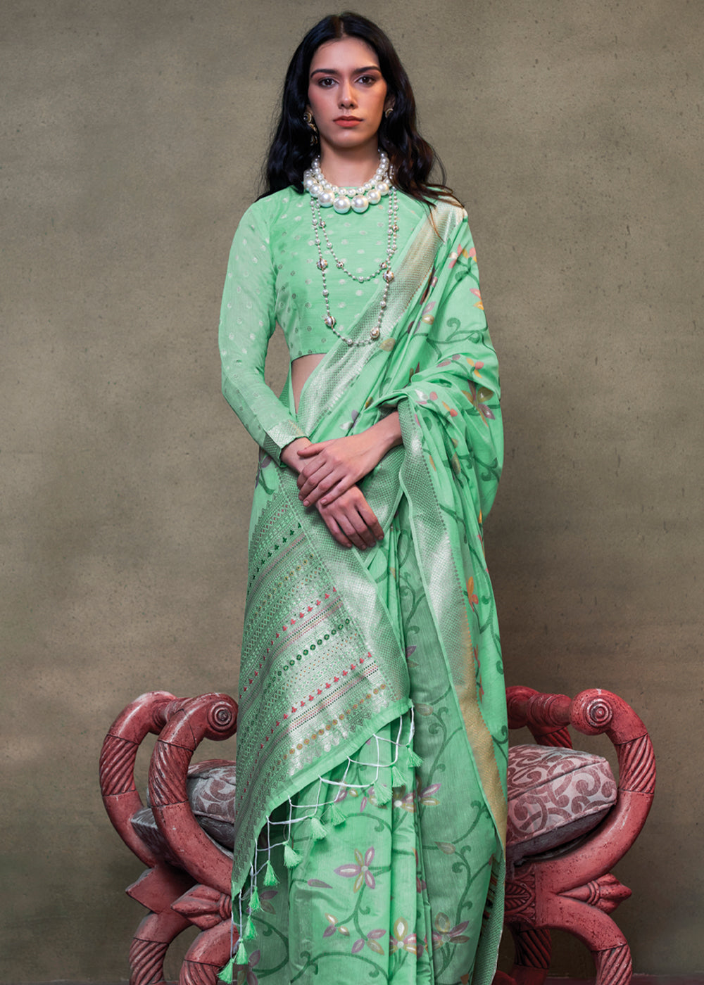 Mint Green Elegant Jamdani Modal Cotton Silk Saree – Timeless Weave with Intricate Motifs