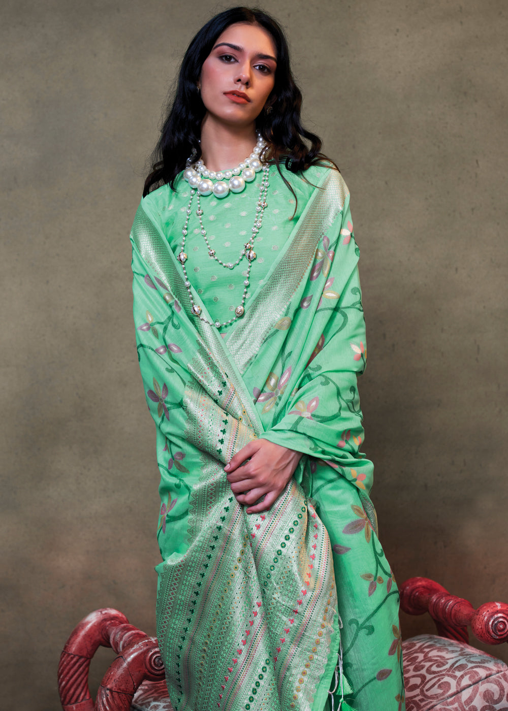 Mint Green Elegant Jamdani Modal Cotton Silk Saree – Timeless Weave with Intricate Motifs