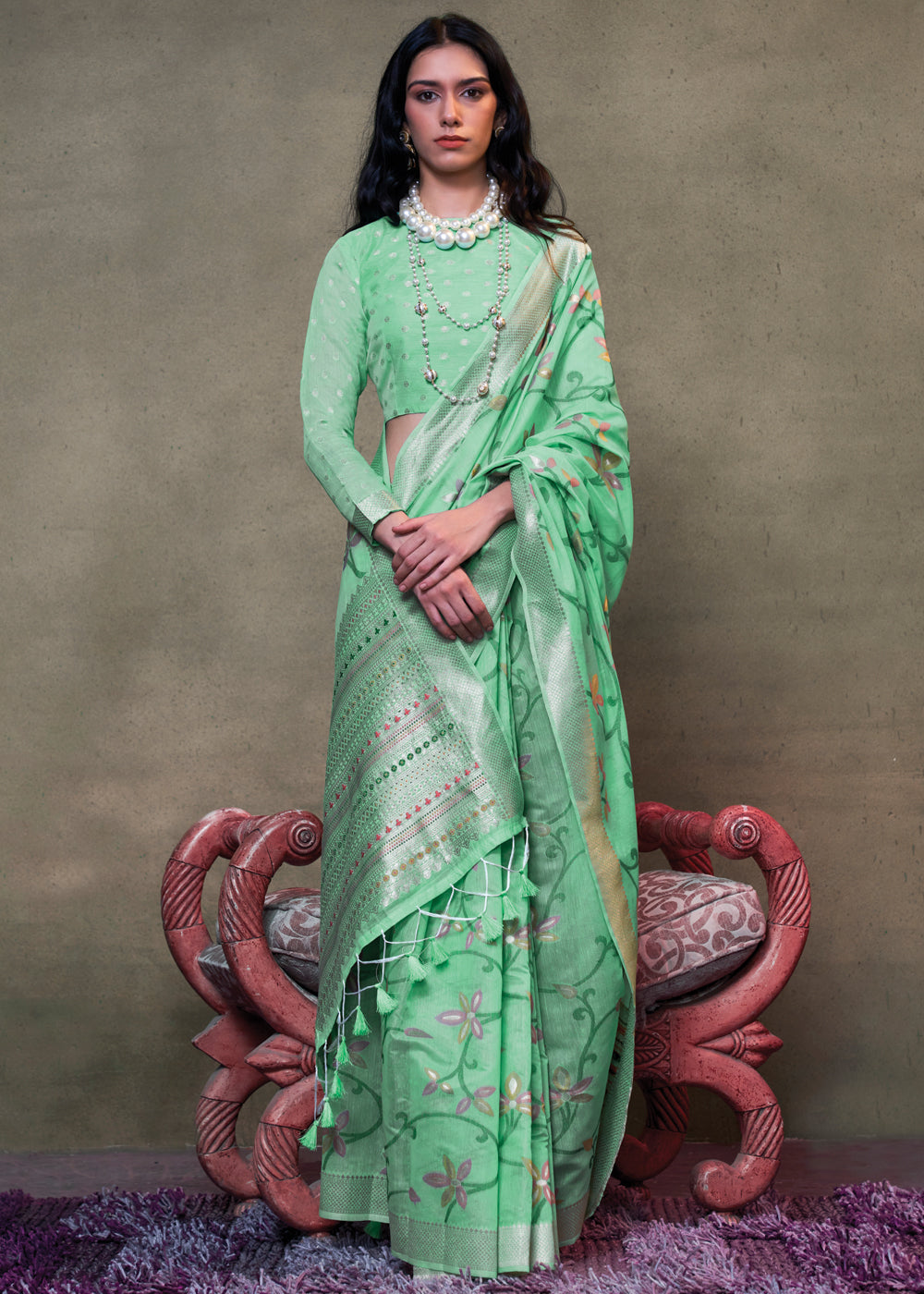 Mint Green Elegant Jamdani Modal Cotton Silk Saree – Timeless Weave with Intricate Motifs