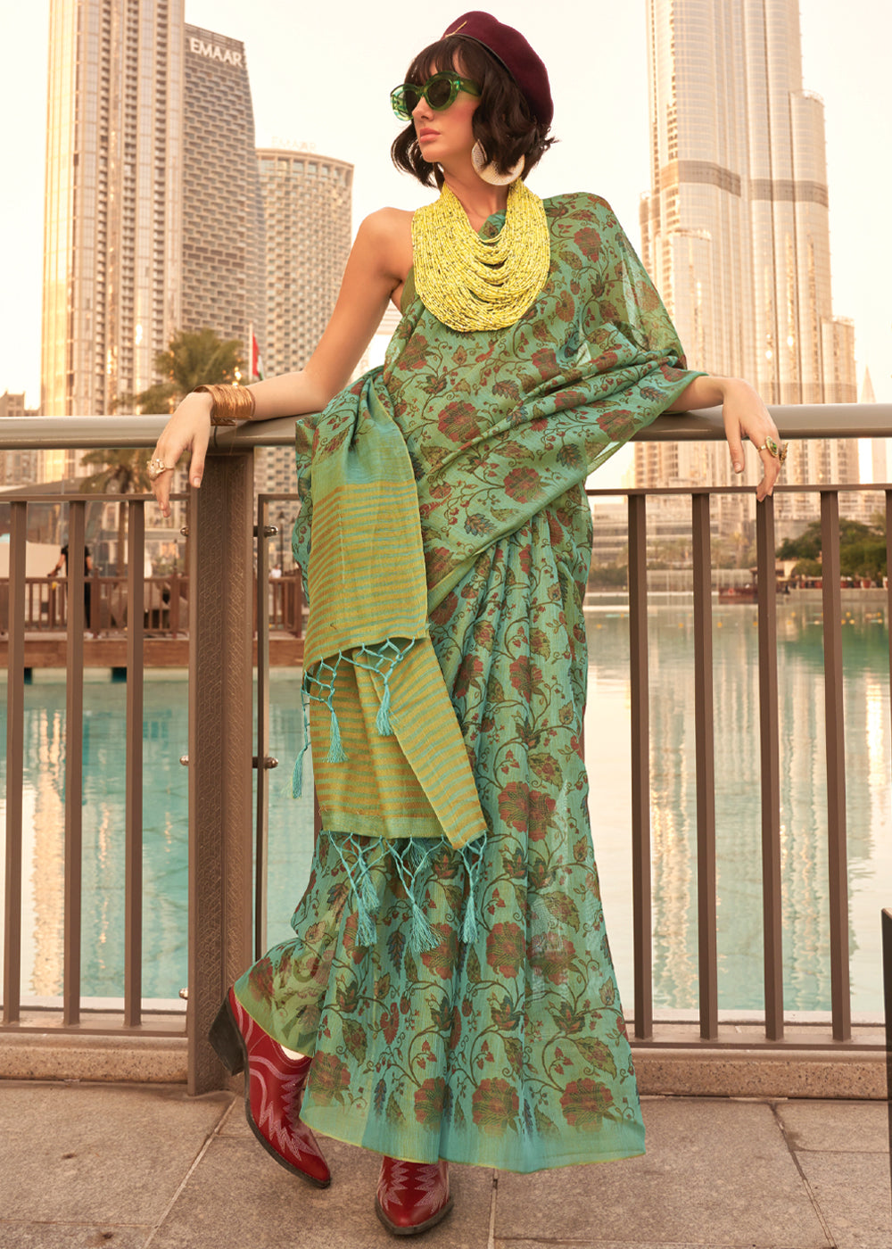 Mint Green Exquisite Blended Tissue Silk Saree with Blouse Piece