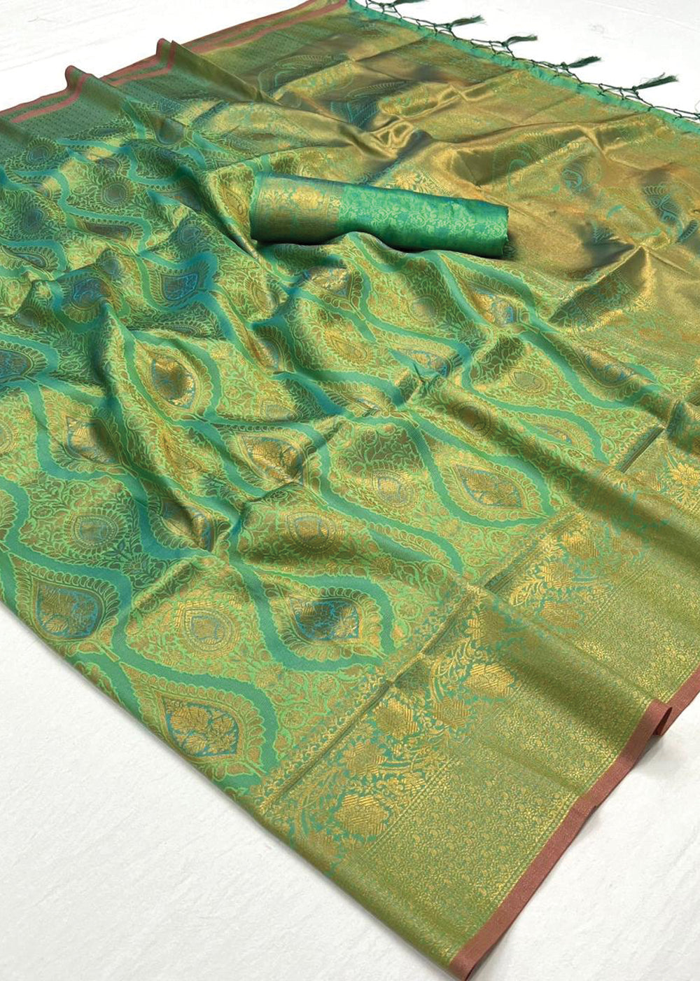 Mint Green Regal Banarasi Silk Saree with Gold & Silver Zari Brocade Work