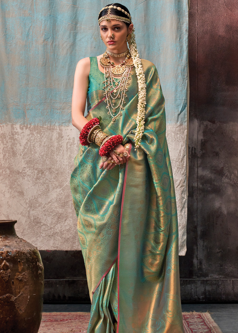 Mint Green Regal Banarasi Silk Saree with Gold & Silver Zari Brocade Work