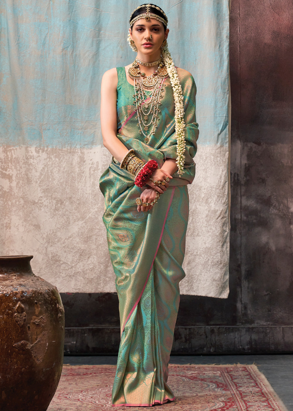 Mint Green Regal Banarasi Silk Saree with Gold & Silver Zari Brocade Work