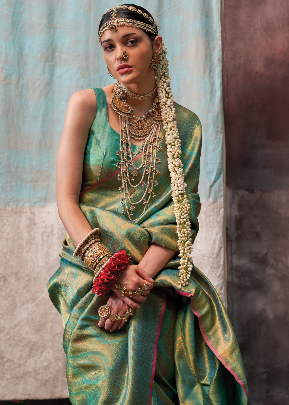 Mint Green Regal Banarasi Silk Saree with Gold & Silver Zari Brocade Work