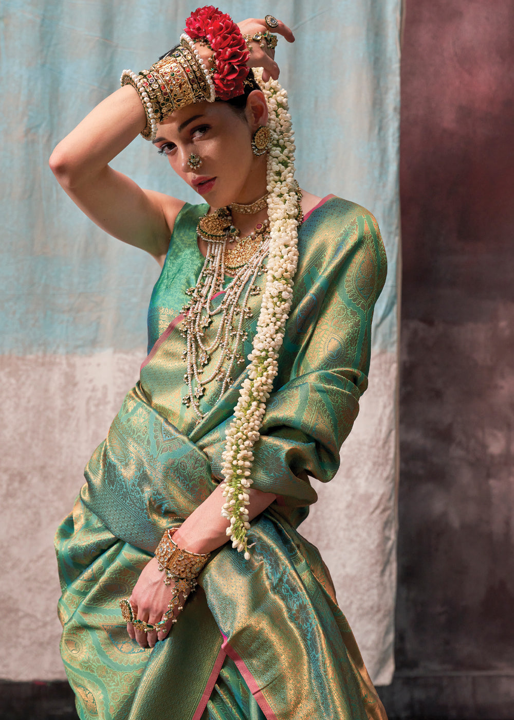 Mint Green Regal Banarasi Silk Saree with Gold & Silver Zari Brocade Work
