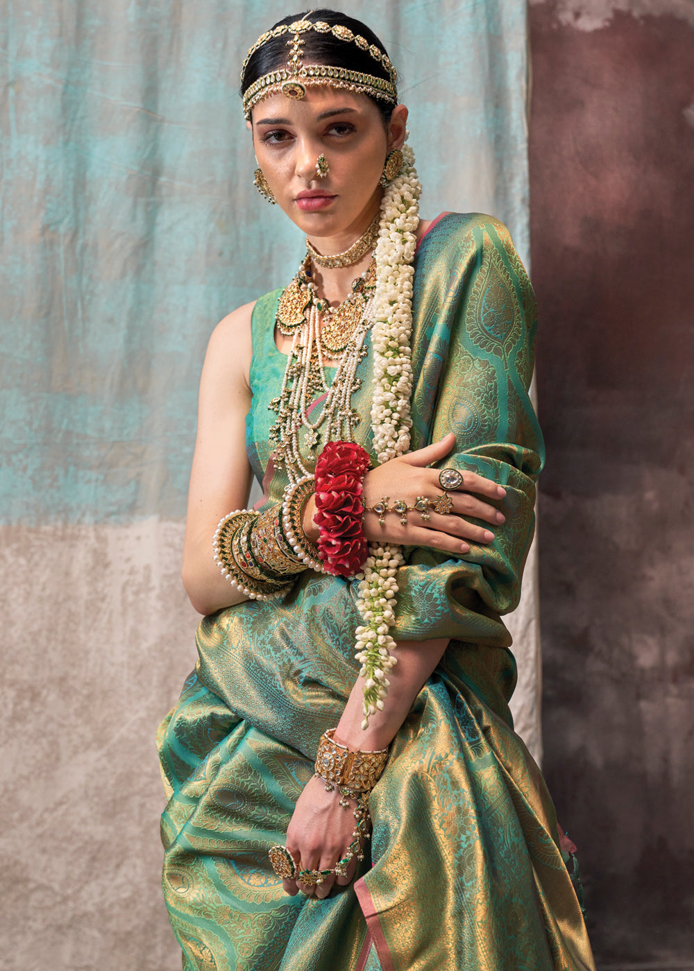 Mint Green Regal Banarasi Silk Saree with Gold & Silver Zari Brocade Work