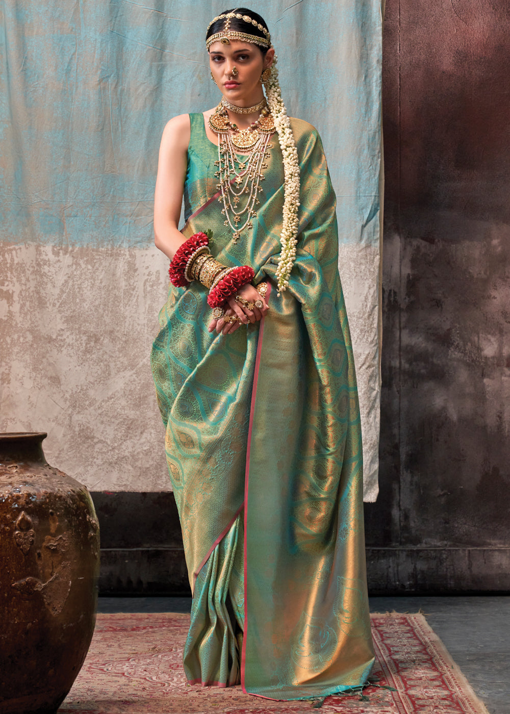 Mint Green Regal Banarasi Silk Saree with Gold & Silver Zari Brocade Work