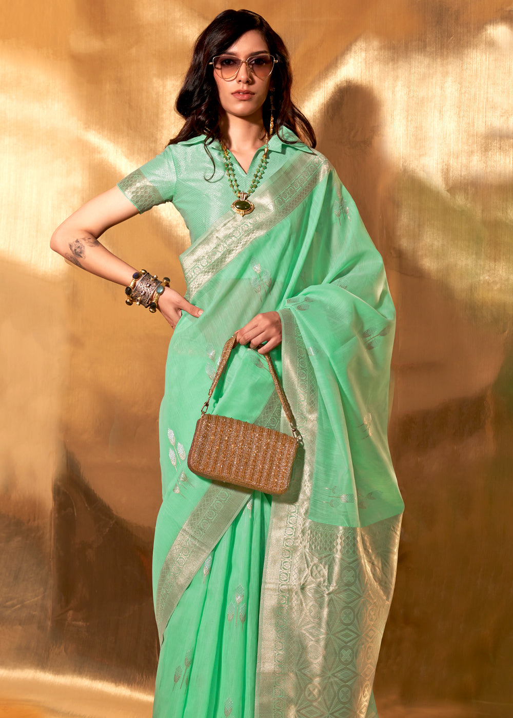 Mint Green Royal Banarasi Silk Saree with Contrast Border & Designer Pallu – Wedding Special