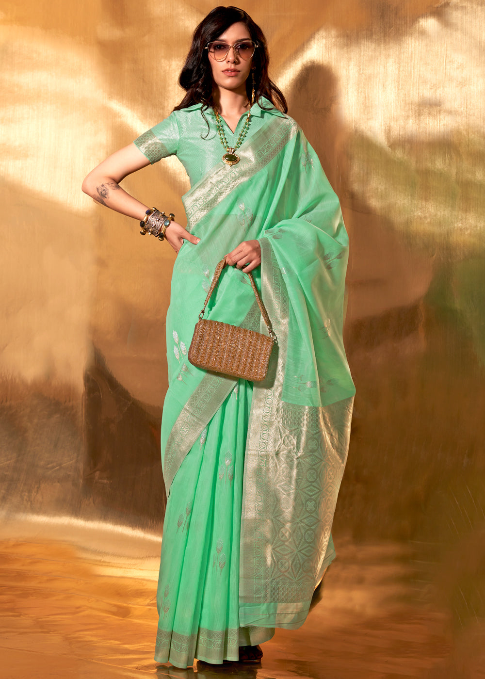 Mint Green Royal Banarasi Silk Saree with Contrast Border & Designer Pallu – Wedding Special