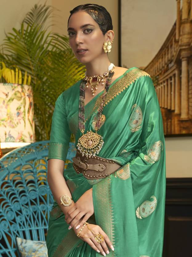 Mint Green Traditional Baluchari Silk Blend Saree with Unstitched Blouse Piece