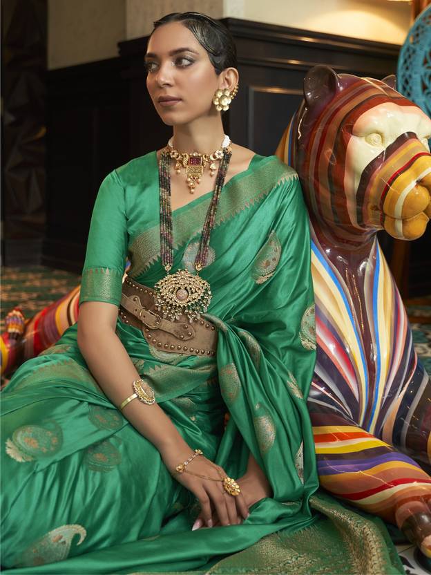 Mint Green Traditional Baluchari Silk Blend Saree with Unstitched Blouse Piece
