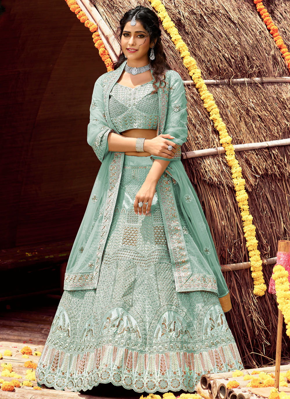 Light-Green Embroidered Velvet Semi Stitched Lehenga