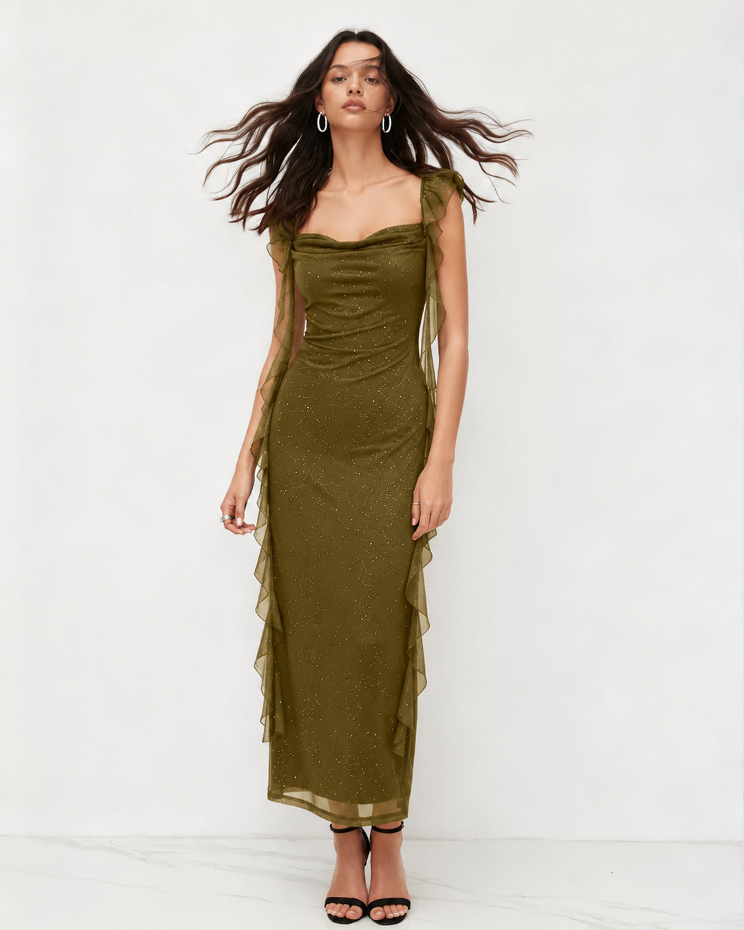 Ruched Ruffle Mesh Sleeveless Bodycon Midi Dress in Olive Green
