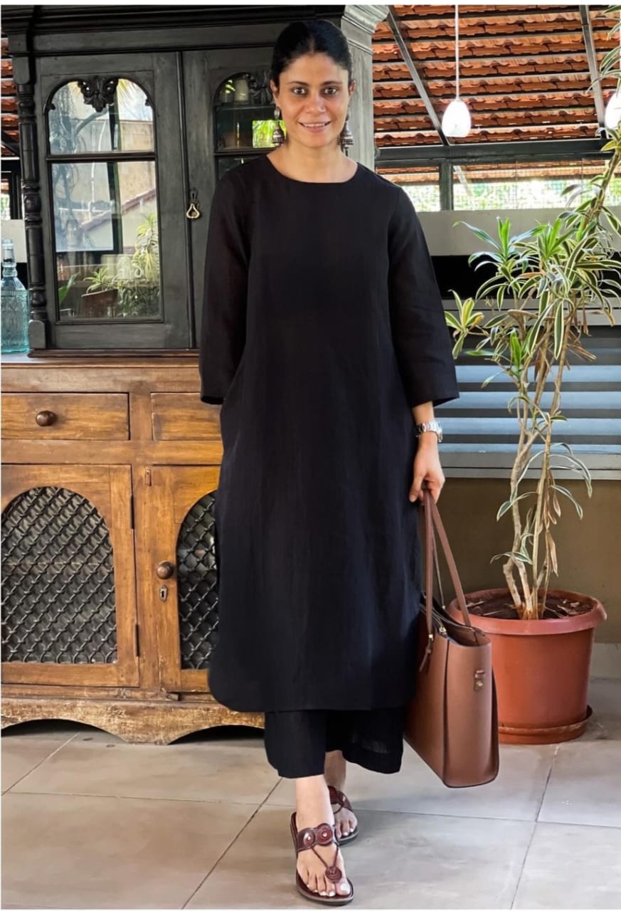 Monochrome Cotton Slub Kurta Palazzo Set for Women