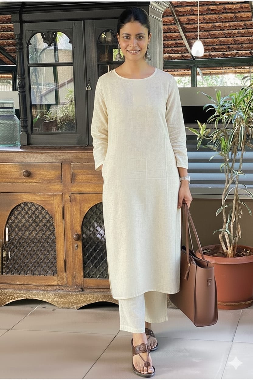 Monochrome Cotton Slub Kurta Palazzo Set for Women