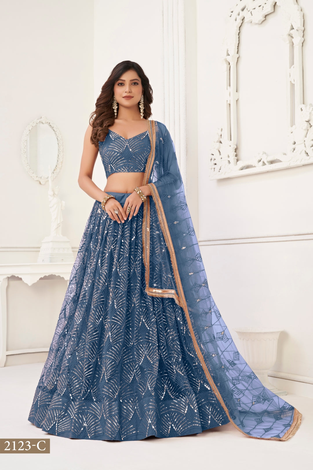 More Peach Butterfly Net Lehenga with Tone-to-Tone Thread Work and Mirror Embroidery