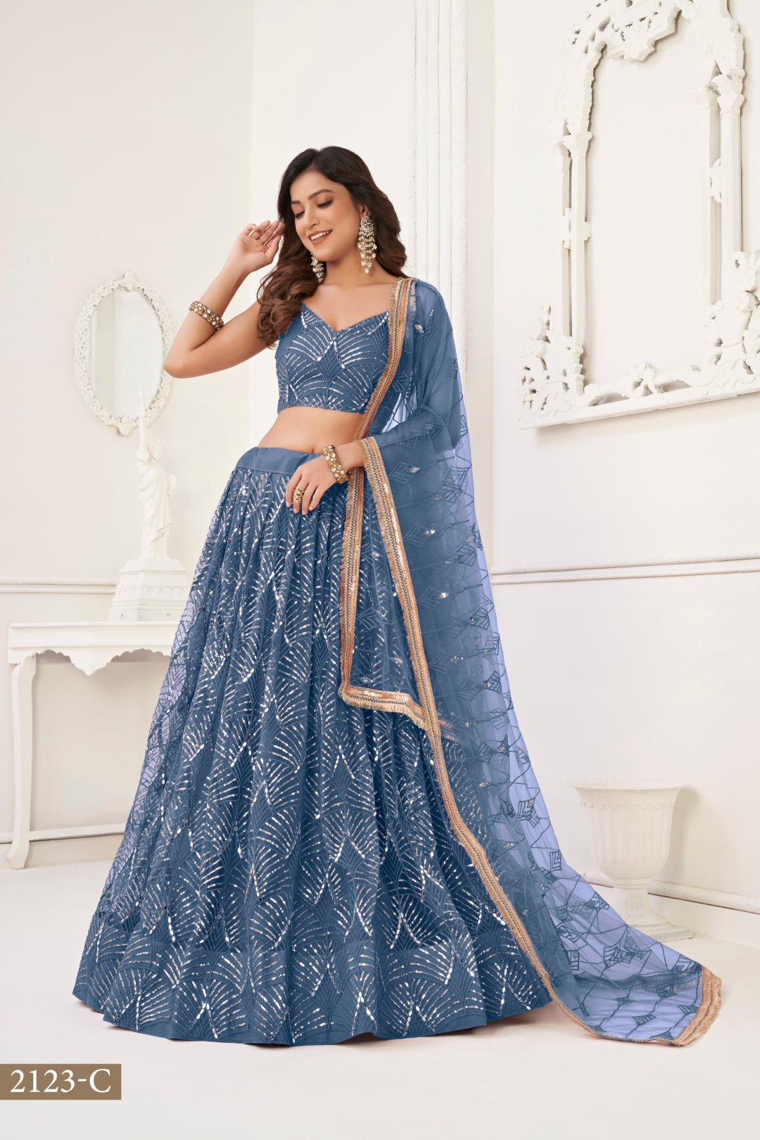 More Peach Butterfly Net Lehenga with Tone-to-Tone Thread Work and Mirror Embroidery