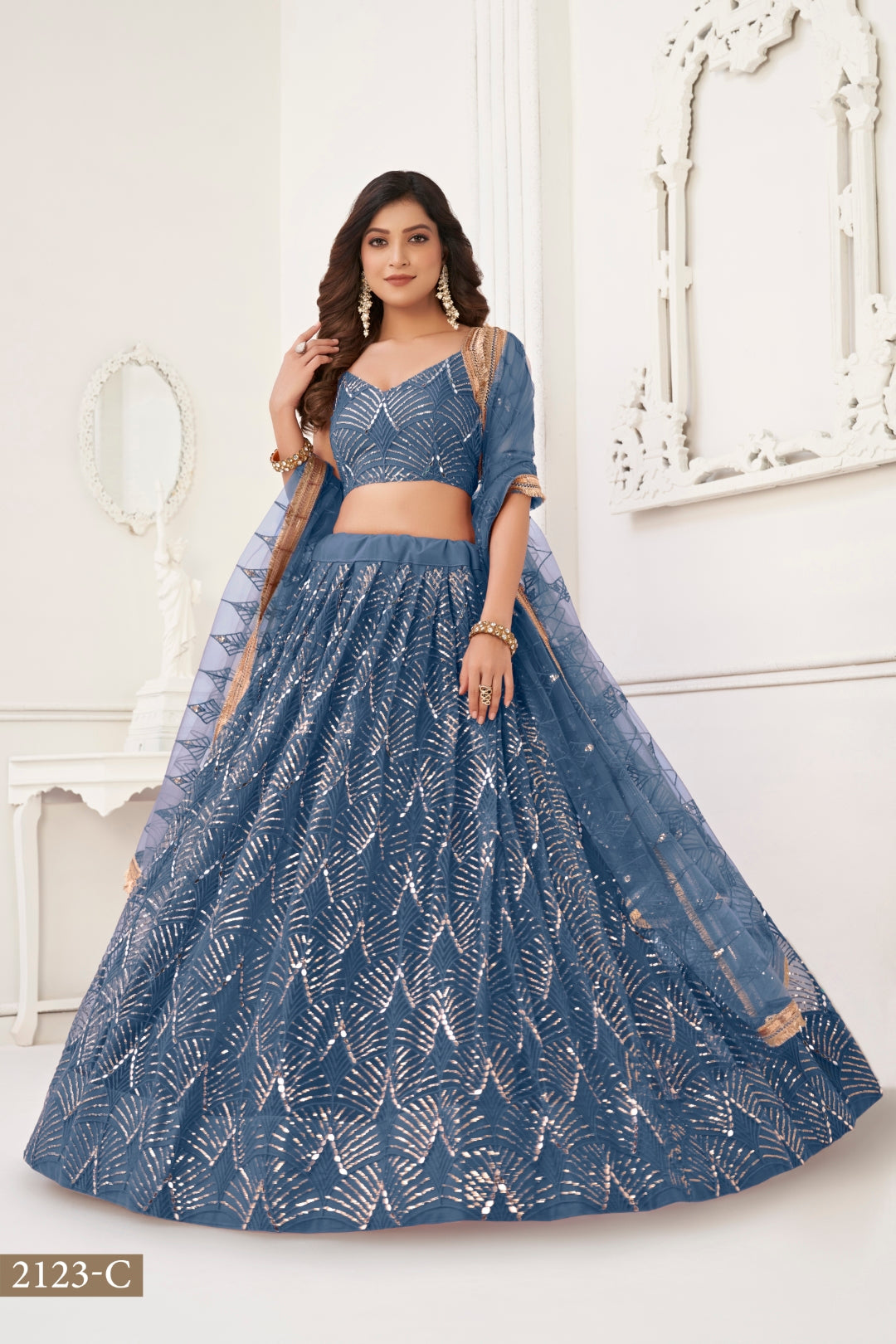 More Peach Butterfly Net Lehenga with Tone-to-Tone Thread Work and Mirror Embroidery