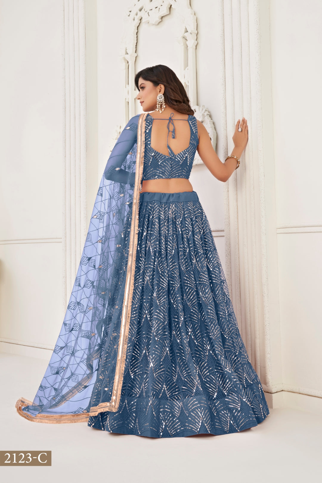 More Peach Butterfly Net Lehenga with Tone-to-Tone Thread Work and Mirror Embroidery
