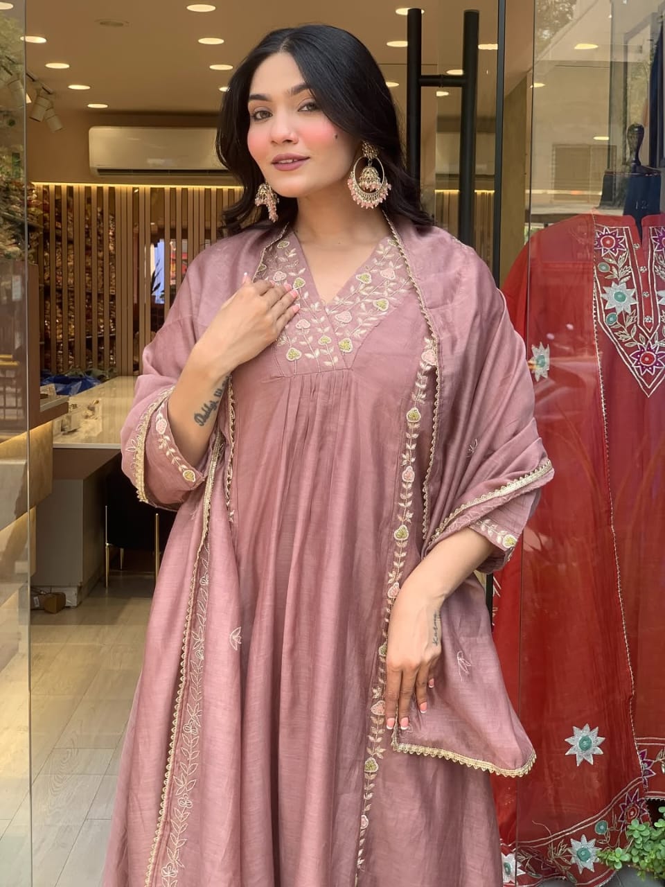 Mul Chanderi Embroidered Anarkali Kurti Pant Dupatta Set