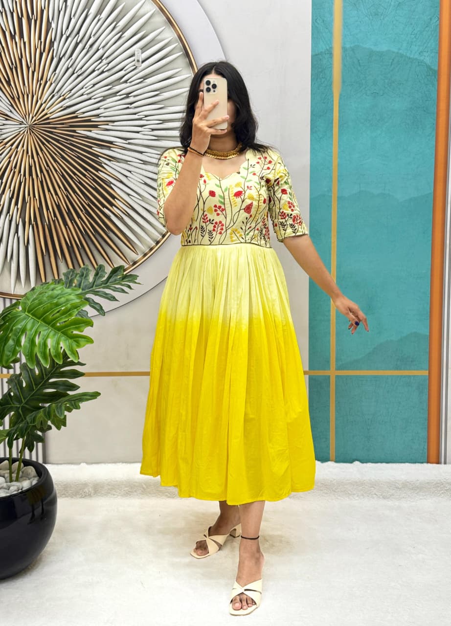 Mul Mul Cotton Dual Color Frock Gown with Embroidery Work