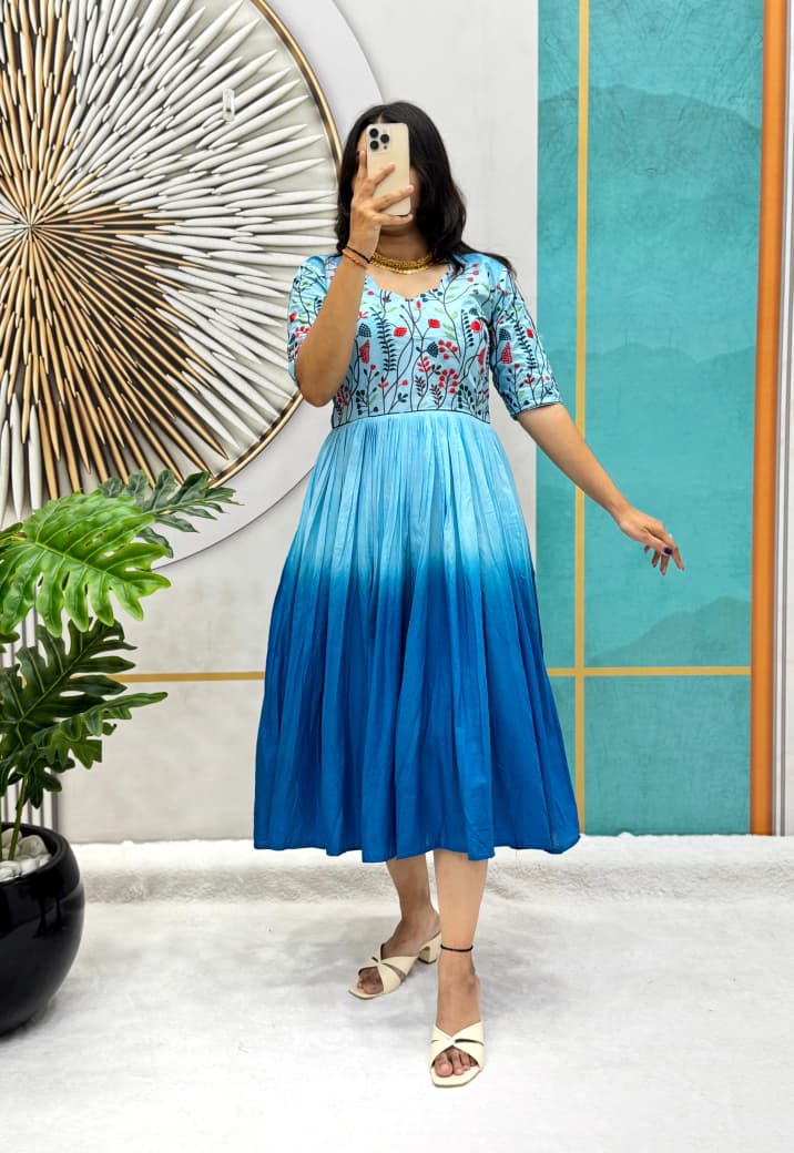 Mul Mul Cotton Dual Color Frock Gown with Embroidery Work