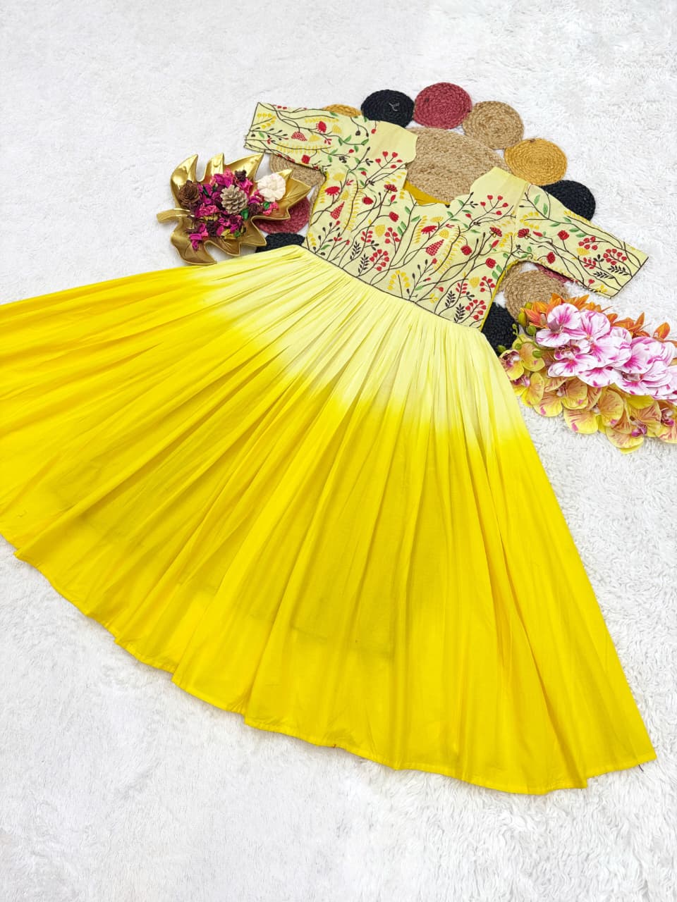 Mul Mul Cotton Dual Color Frock Gown with Embroidery Work
