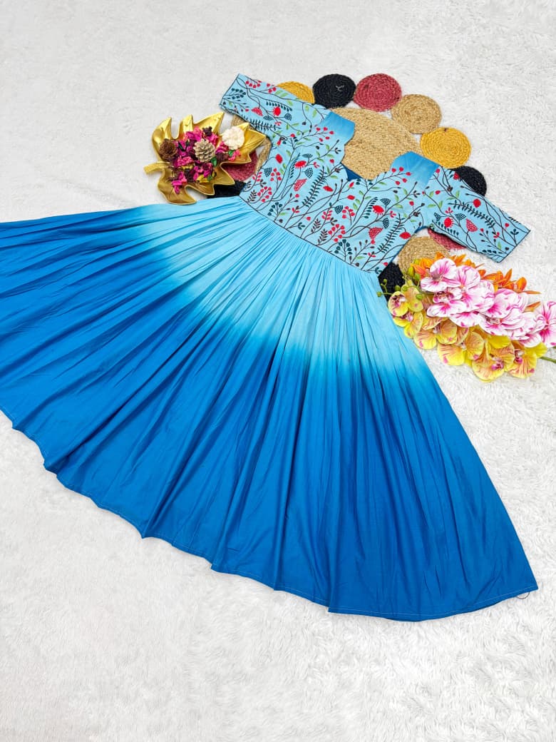 Mul Mul Cotton Dual Color Frock Gown with Embroidery Work