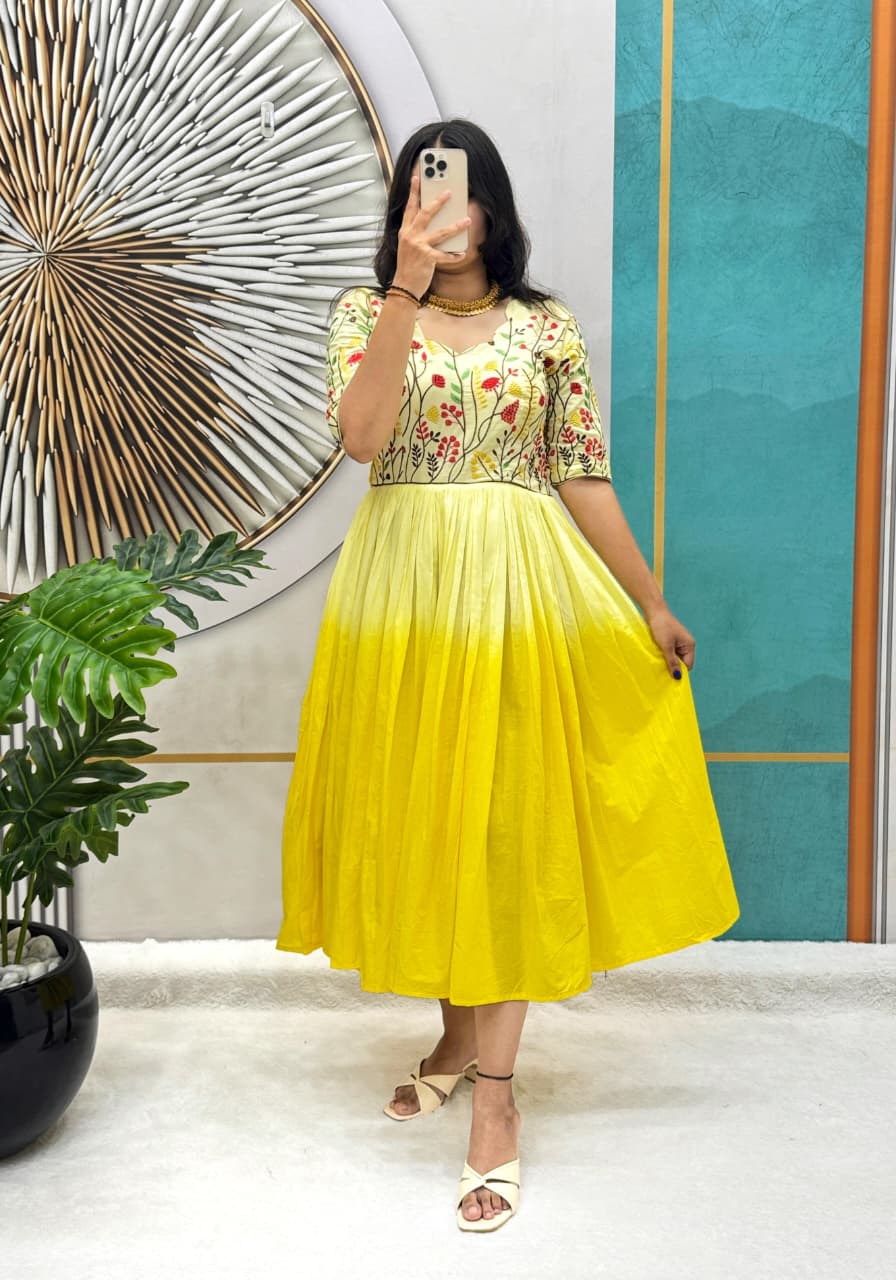 Mul Mul Cotton Dual Color Frock Gown with Embroidery Work