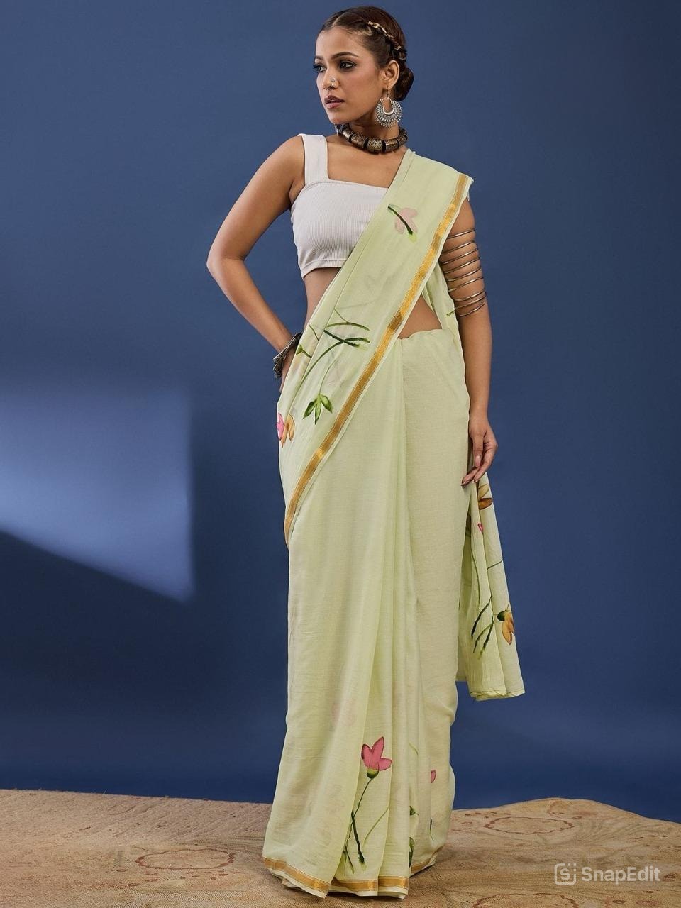 Mulmul Cotton Saree with Floral Brush Print & Zari Border | With Blouse