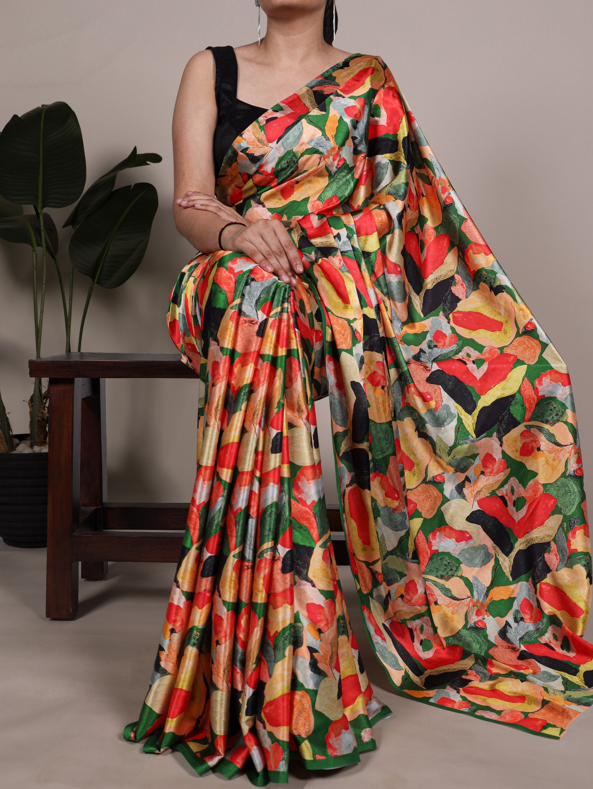 Multi Color Elegant Floral Print Satin Silk Saree with Plain Banglory Blouse Piece
