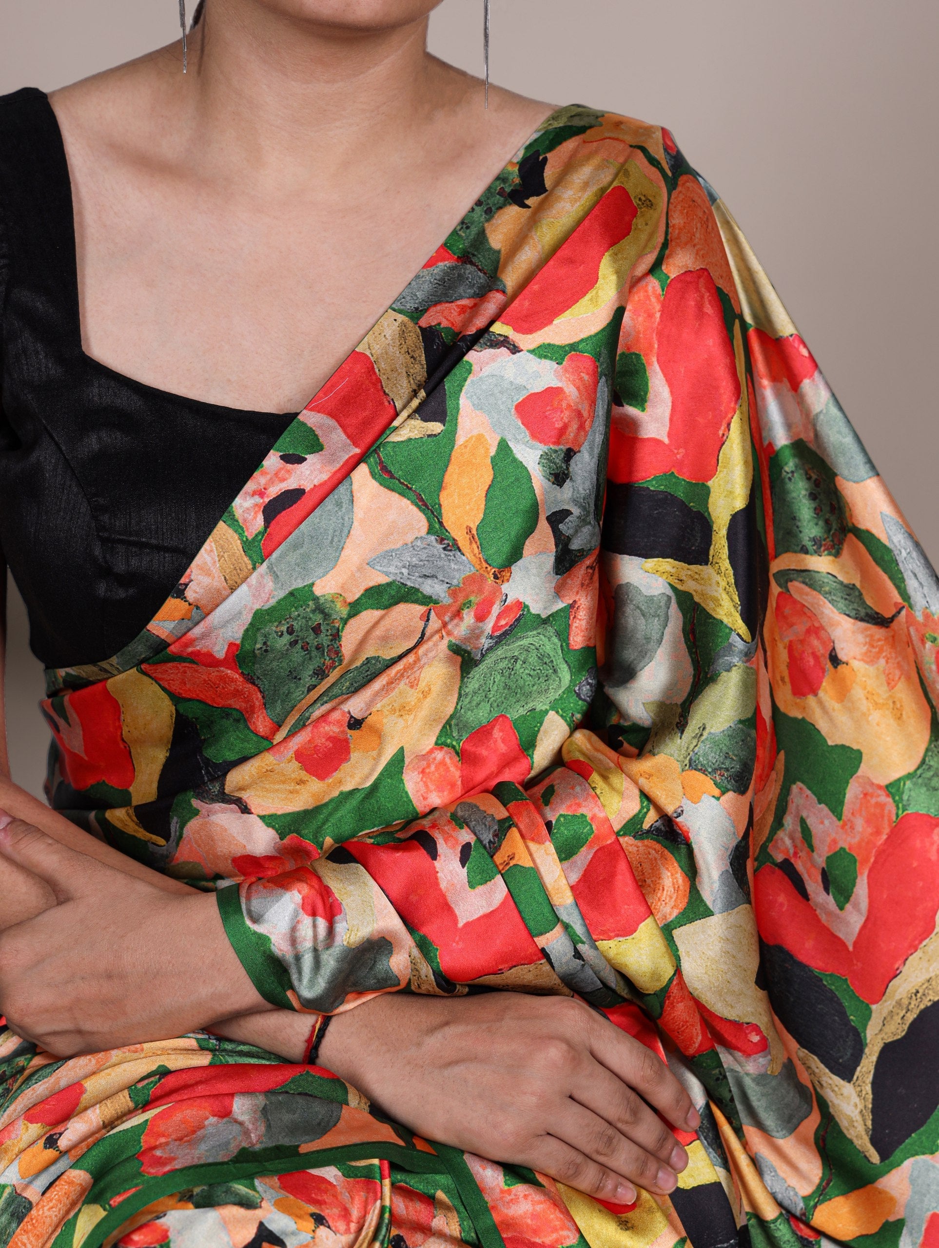 Multi Color Elegant Floral Print Satin Silk Saree with Plain Banglory Blouse Piece