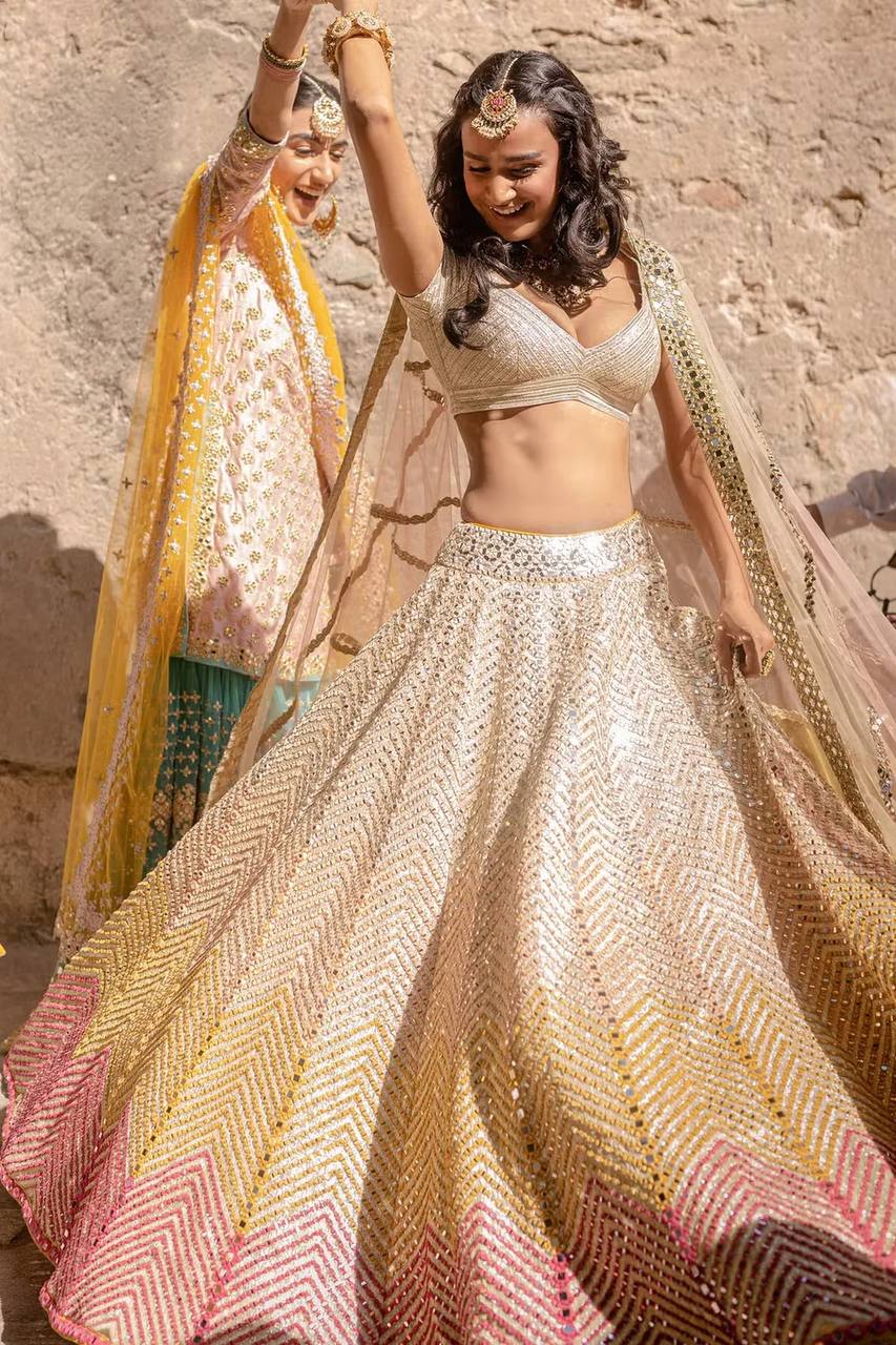 Multi Colour Desi Banarasi Satin Zari Silk Lehenga Set