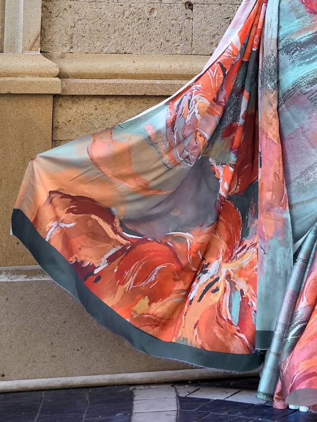 Multi Colour Digital Print Saree in Satin Silk Blend – Party & Wedding Wear