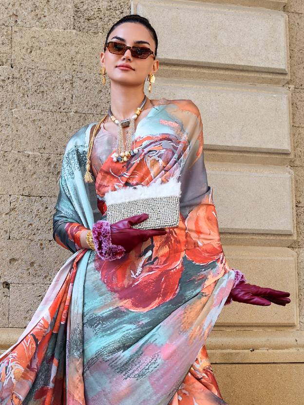 Multi Colour Digital Print Saree in Satin Silk Blend – Party & Wedding Wear