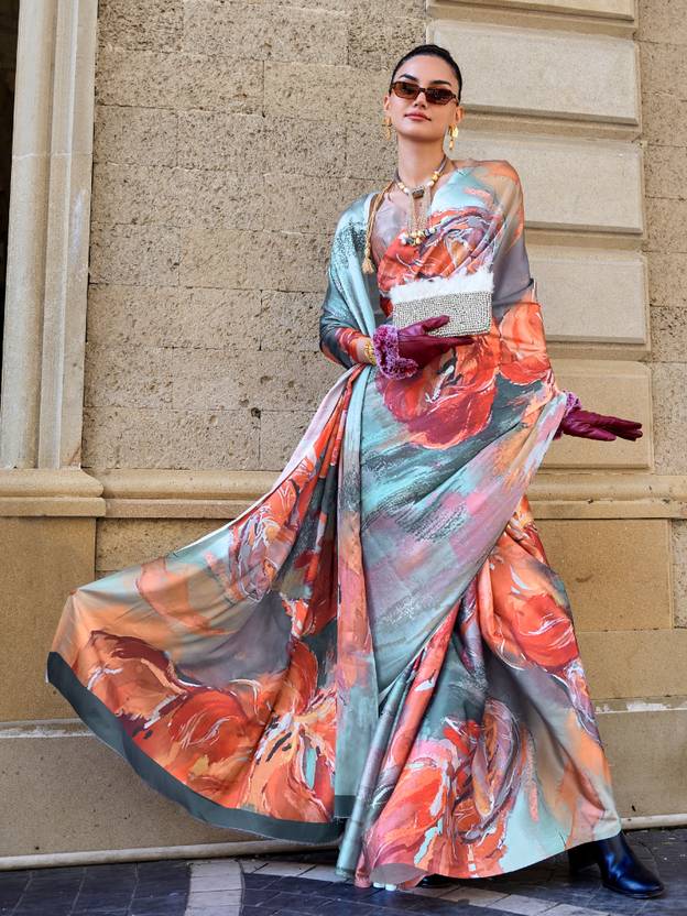 Multi Colour Digital Print Saree in Satin Silk Blend – Party & Wedding Wear