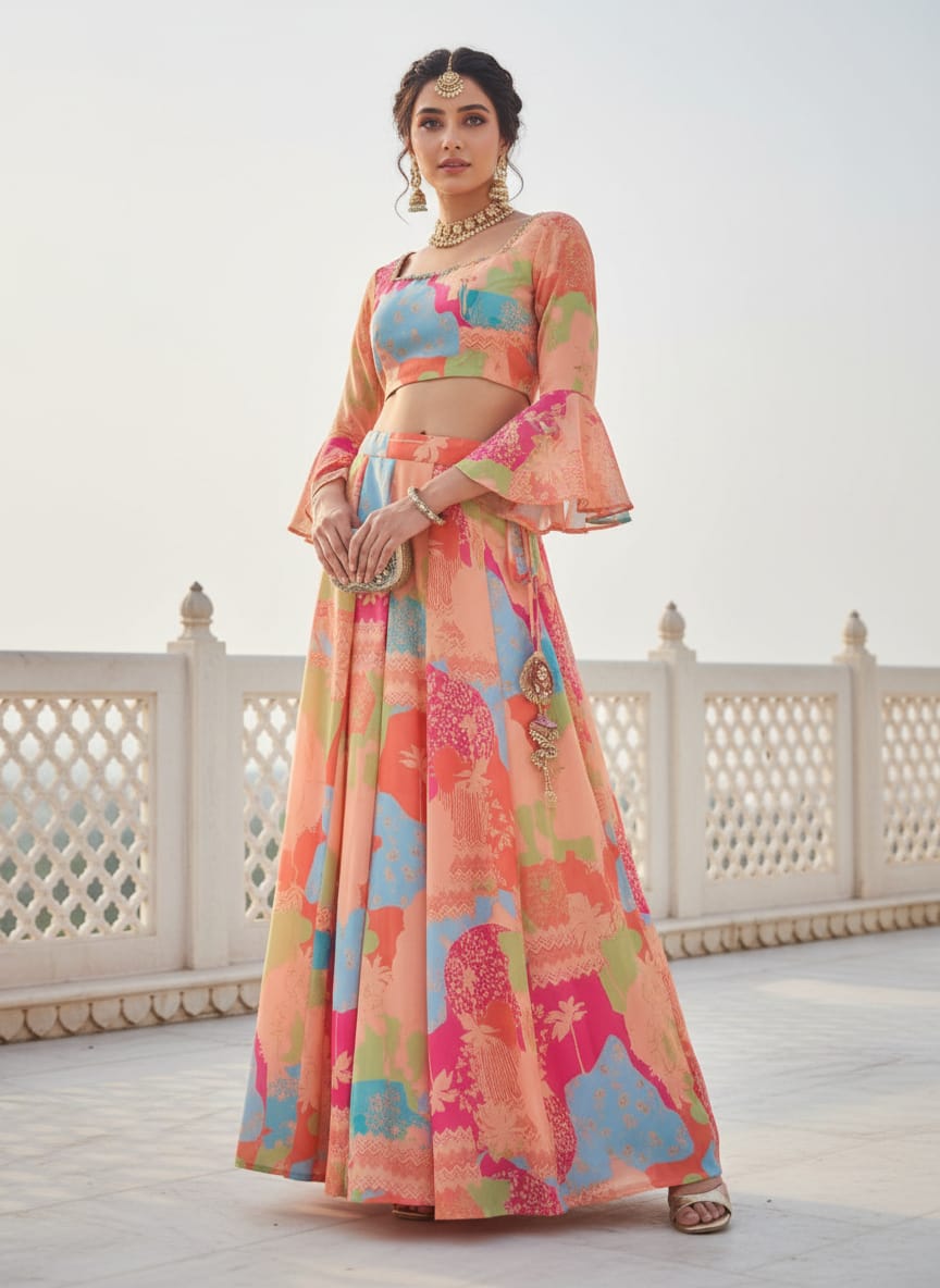 Multi Colour Digital Printed Georgette Lehenga Choli Set