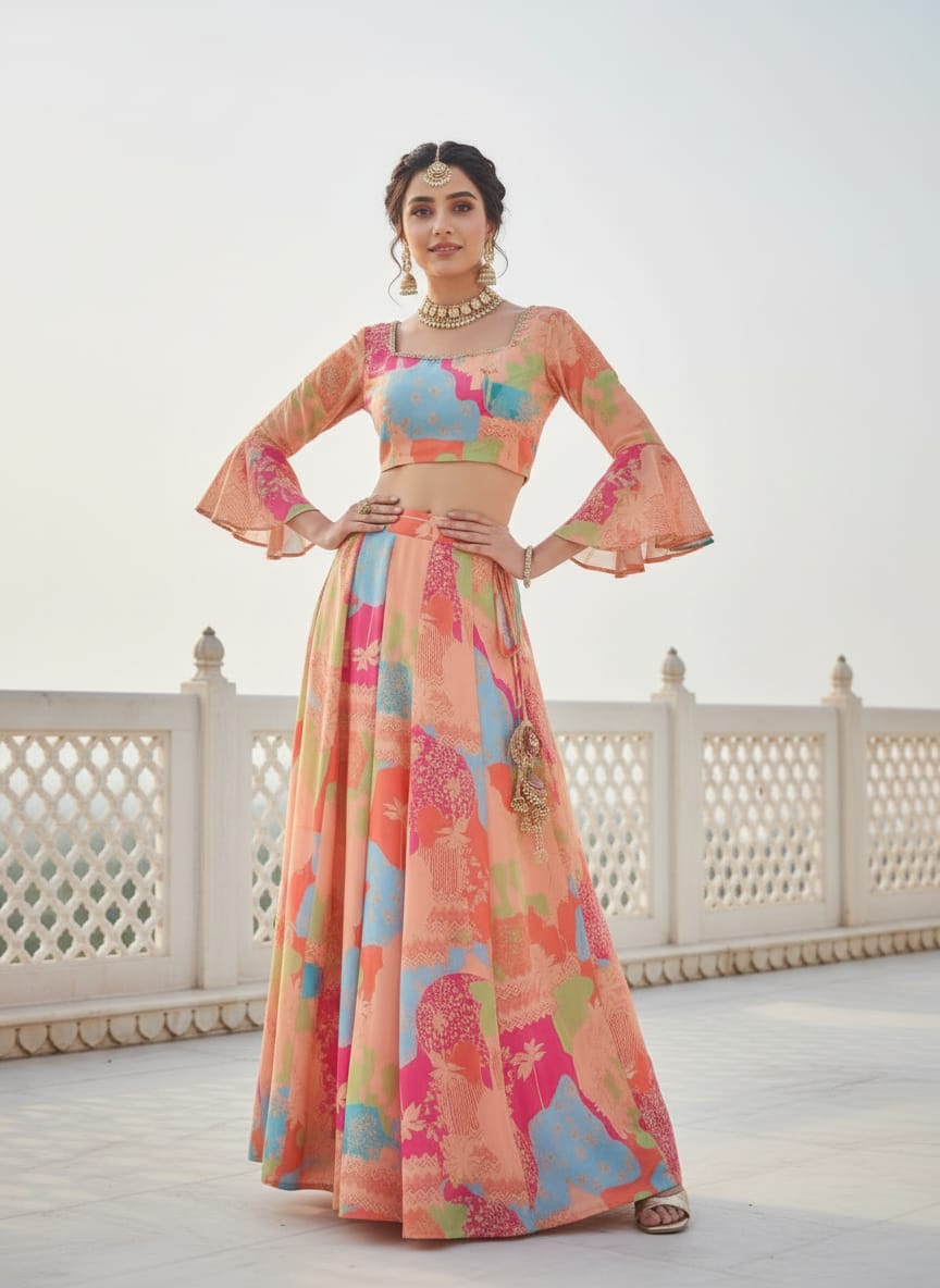 Multi Colour Digital Printed Georgette Lehenga Choli Set