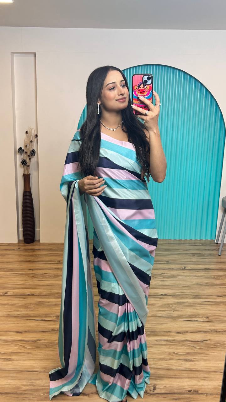 Multi Colour Elegant Satin Crepe Silk Digital Print Ready-to-Wear Saree