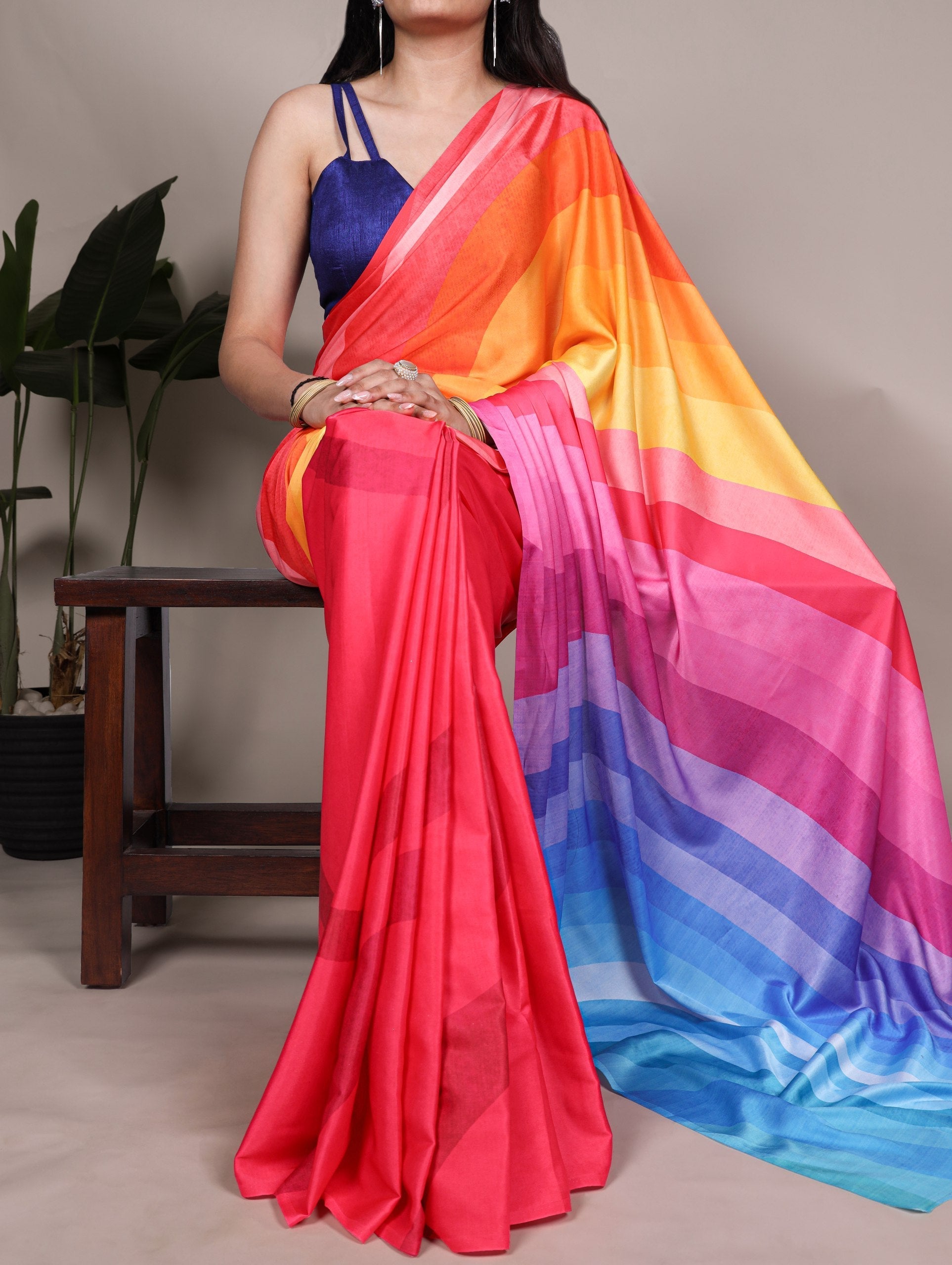 Multi Colour Elegant Satin Silk Printed Saree with Banglory Blouse Piece – Soft, Lustrous & Timeless Ethnic Drape