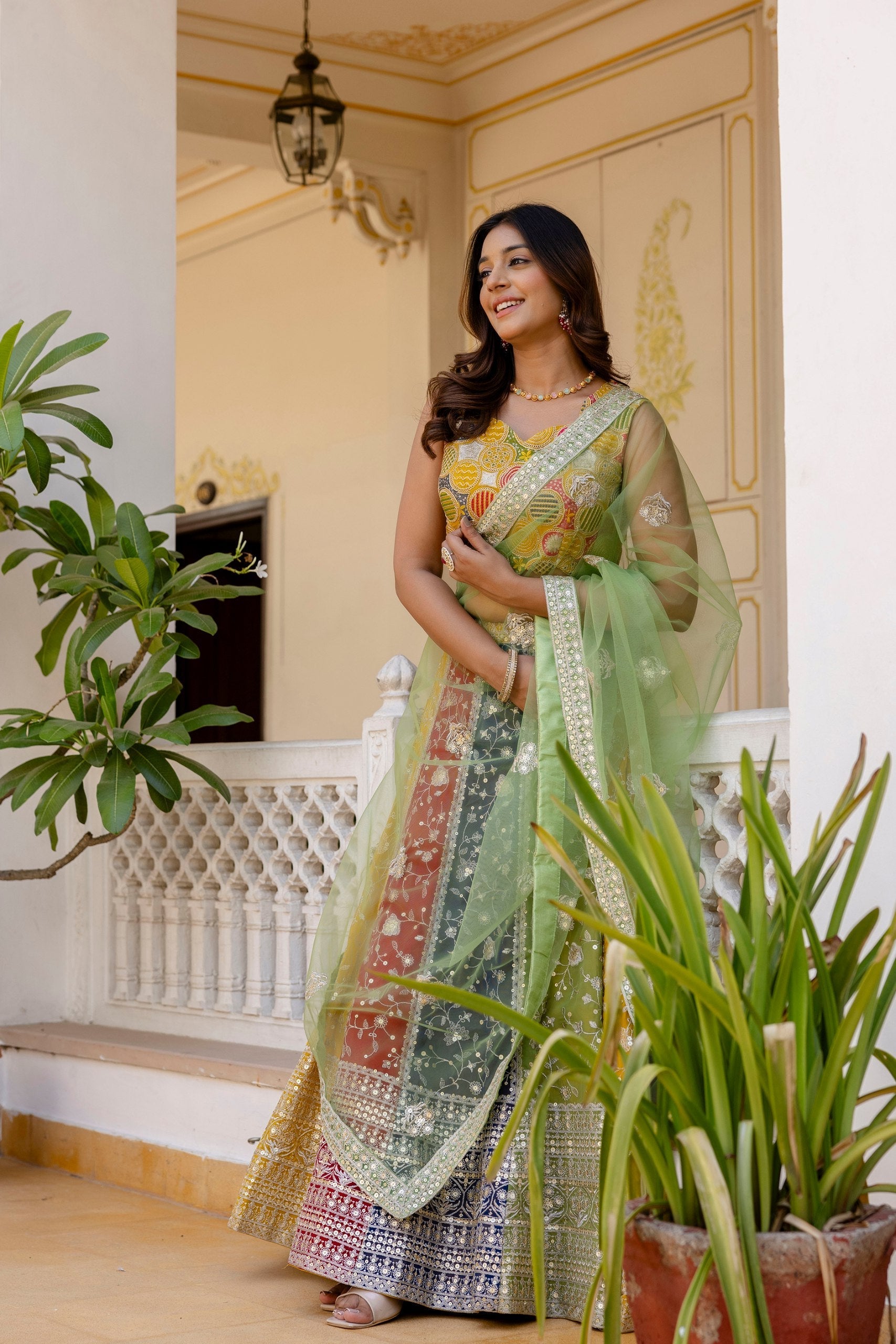 Multi Colour Faux Georgette Sequins Embroidered Lehenga Set with Designer Net Dupatta – Semi-Stitche