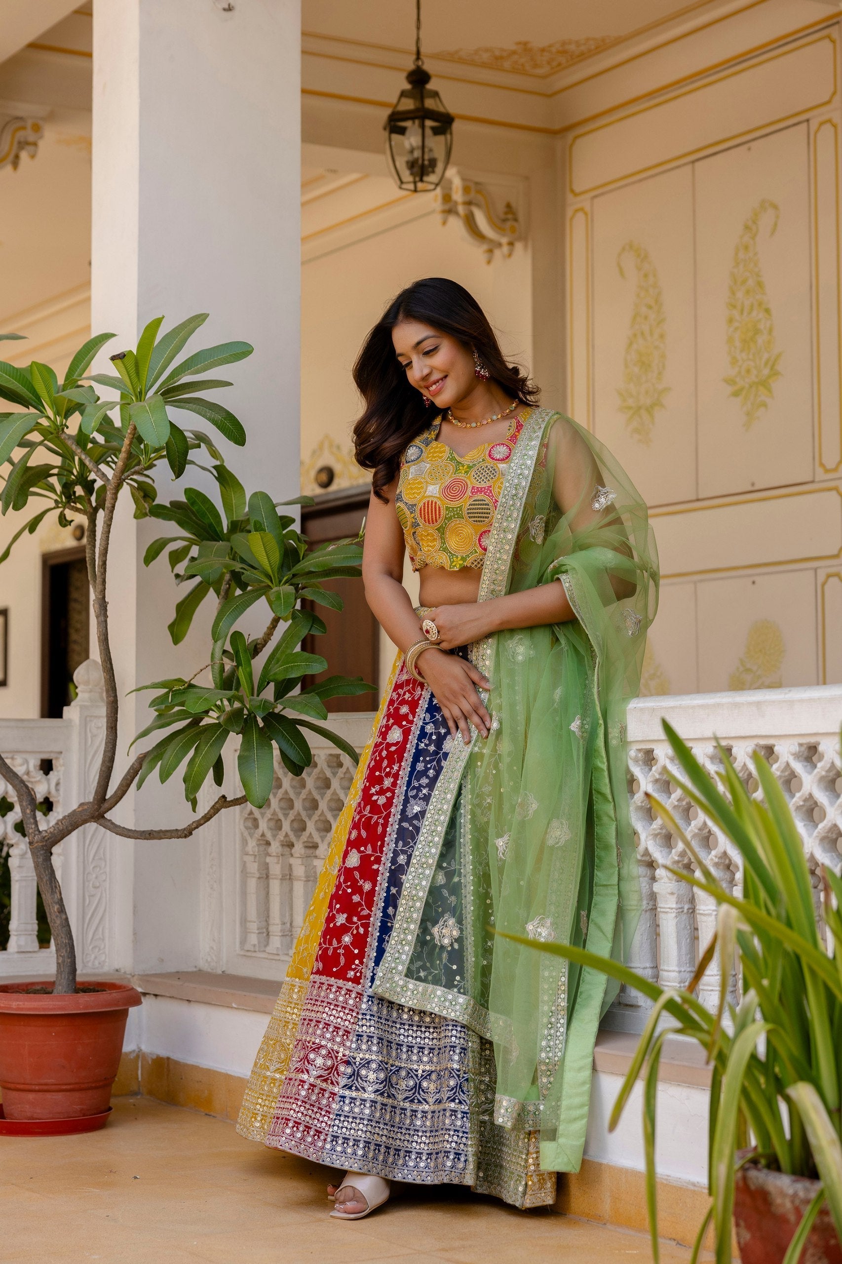 Multi Colour Faux Georgette Sequins Embroidered Lehenga Set with Designer Net Dupatta – Semi-Stitche