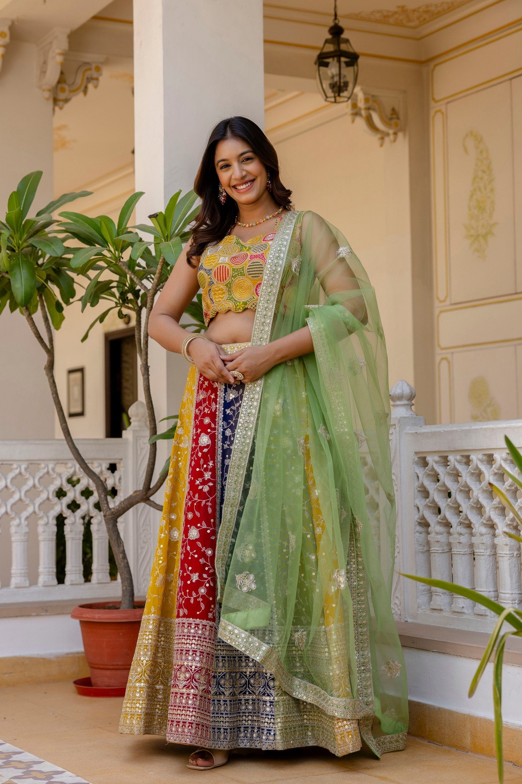 Multi Colour Faux Georgette Sequins Embroidered Lehenga Set with Designer Net Dupatta – Semi-Stitche